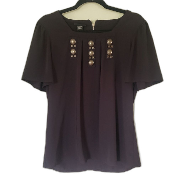 Apostrophe Square-Neck Black Studded Blouse Size S | Edgy Short Sleeve Top - Picture 1 of 4